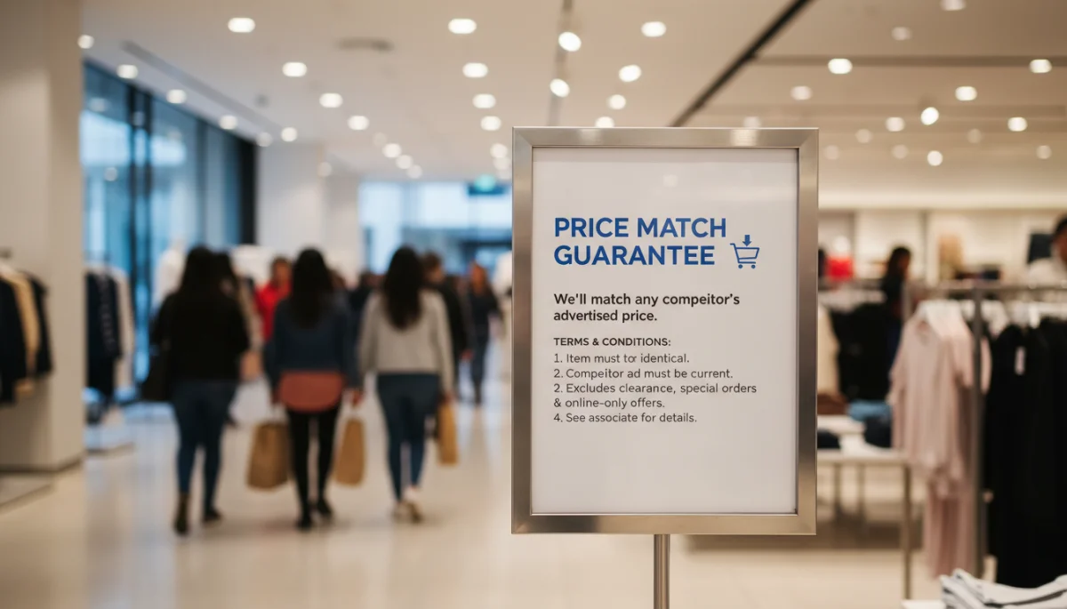 Close-up of a retail store's price matching policy sign.