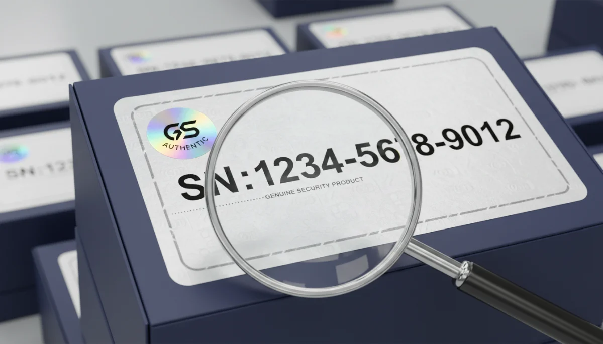 Detailed security features on a product label for anti-counterfeiting