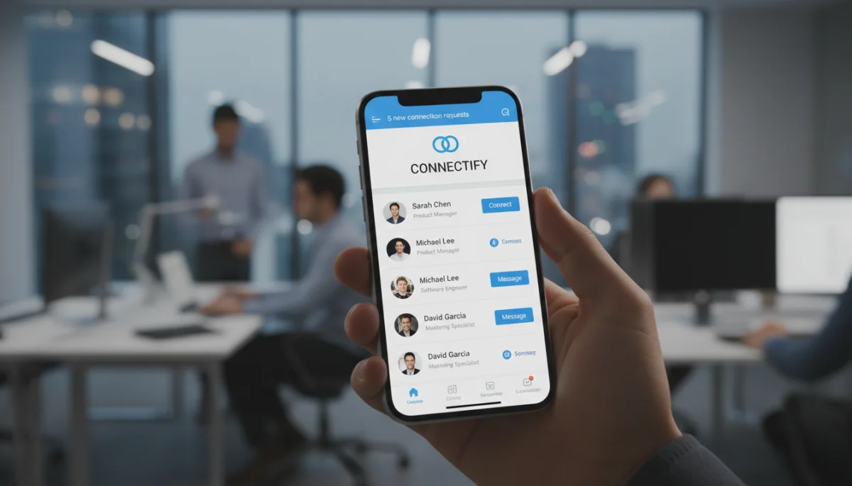 Smartphone displaying a professional networking app in an office setting.