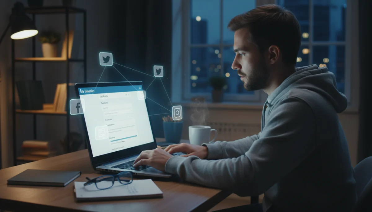 Professional updating online profile on laptop, focusing on personal branding