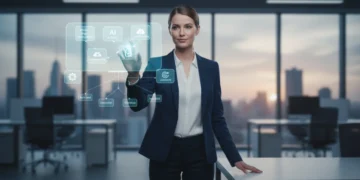 Professional woman reviewing future career certifications on a holographic screen