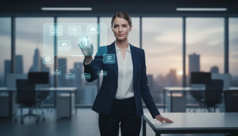 Professional woman reviewing future career certifications on a holographic screen