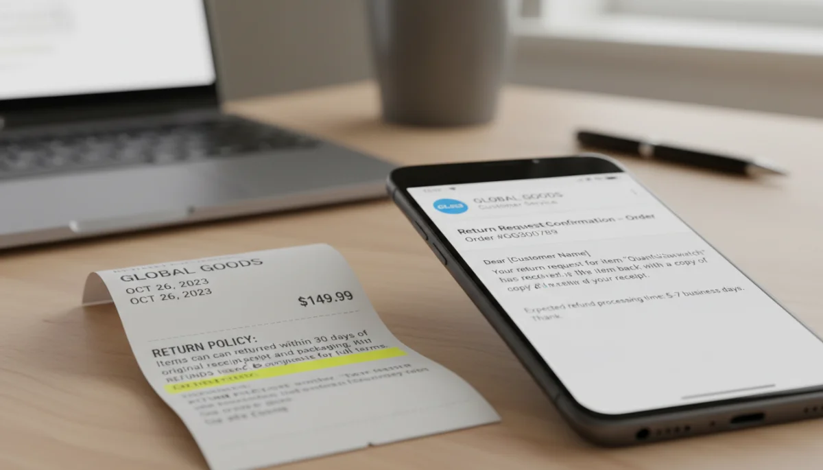 Close-up of a receipt and smartphone with return confirmation email