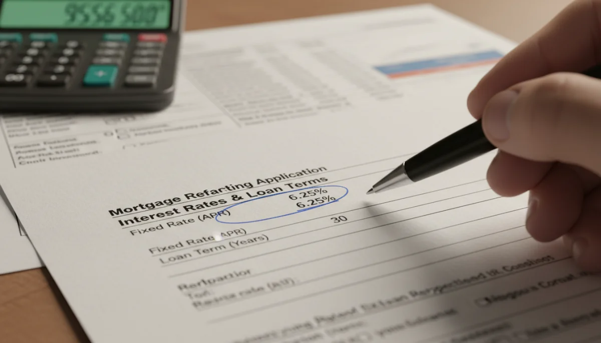 Hand highlighting crucial details on a mortgage refinancing application form.
