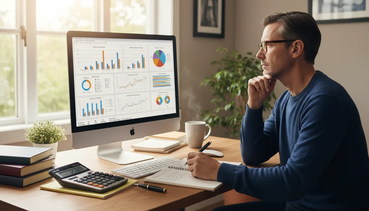 Individual analyzing financial projections for retirement planning, considering Social Security adjustments.