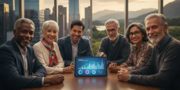 Group of retirees confidently reviewing financial charts on a tablet, symbolizing proactive retirement planning in a volatile market.