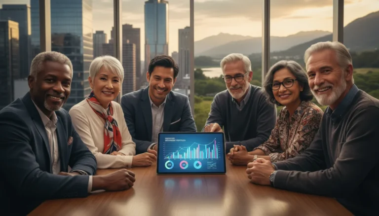Group of retirees confidently reviewing financial charts on a tablet, symbolizing proactive retirement planning in a volatile market.