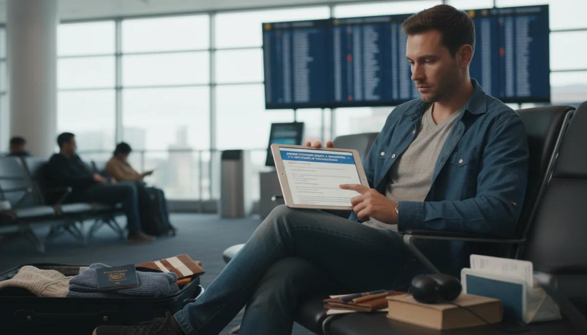 Passenger reviewing flight compensation guidelines on tablet.