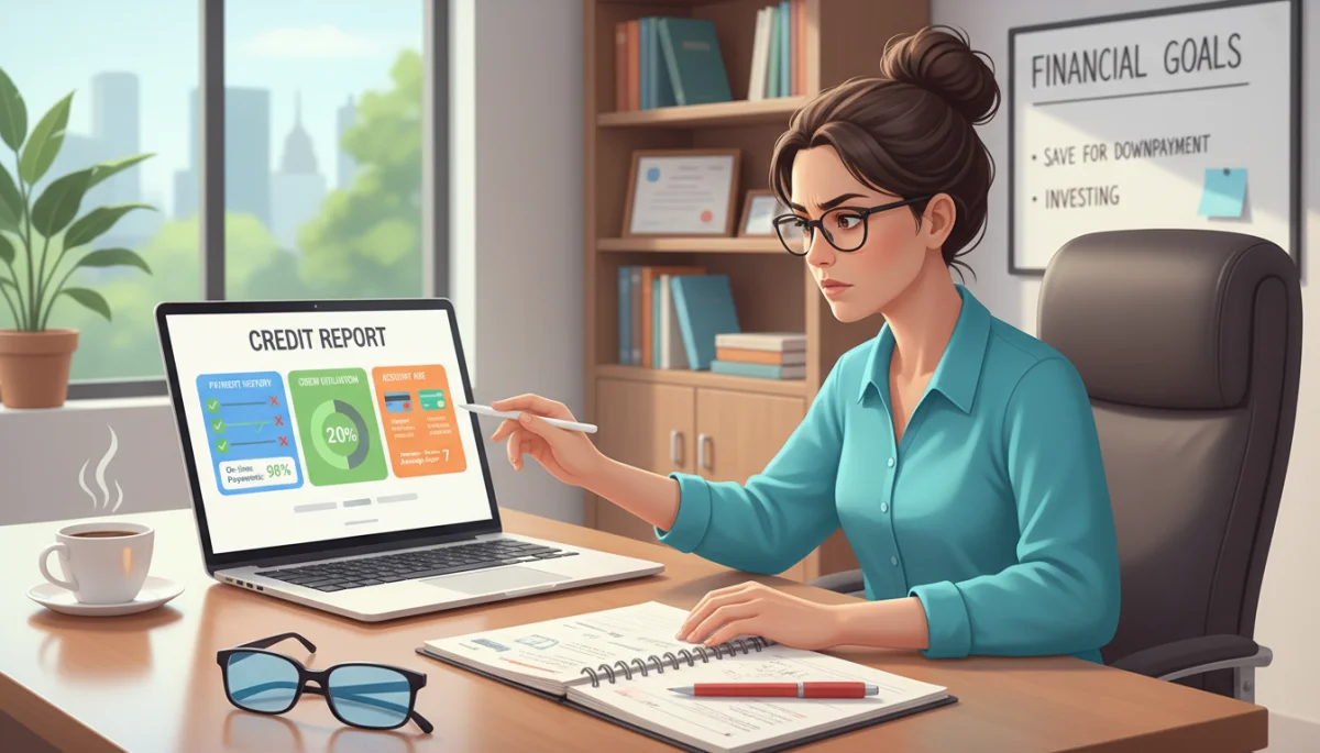Person reviewing credit report on laptop, focusing on payment history and utilization.