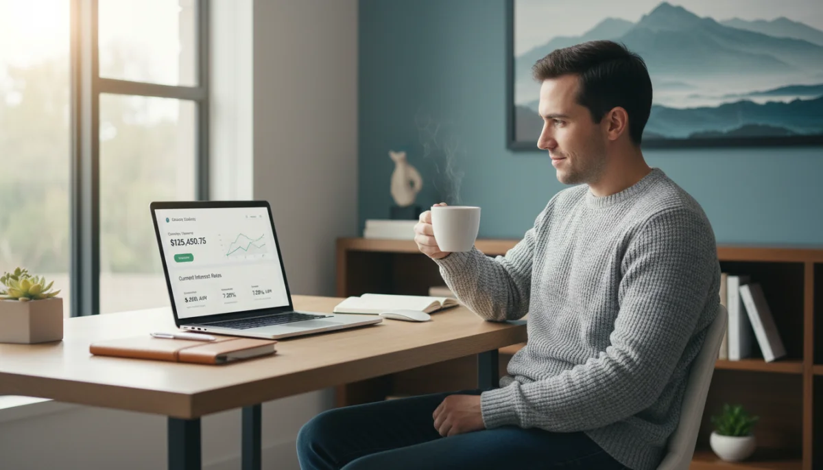Person reviewing high-yield savings account details on a laptop, emphasizing financial planning.