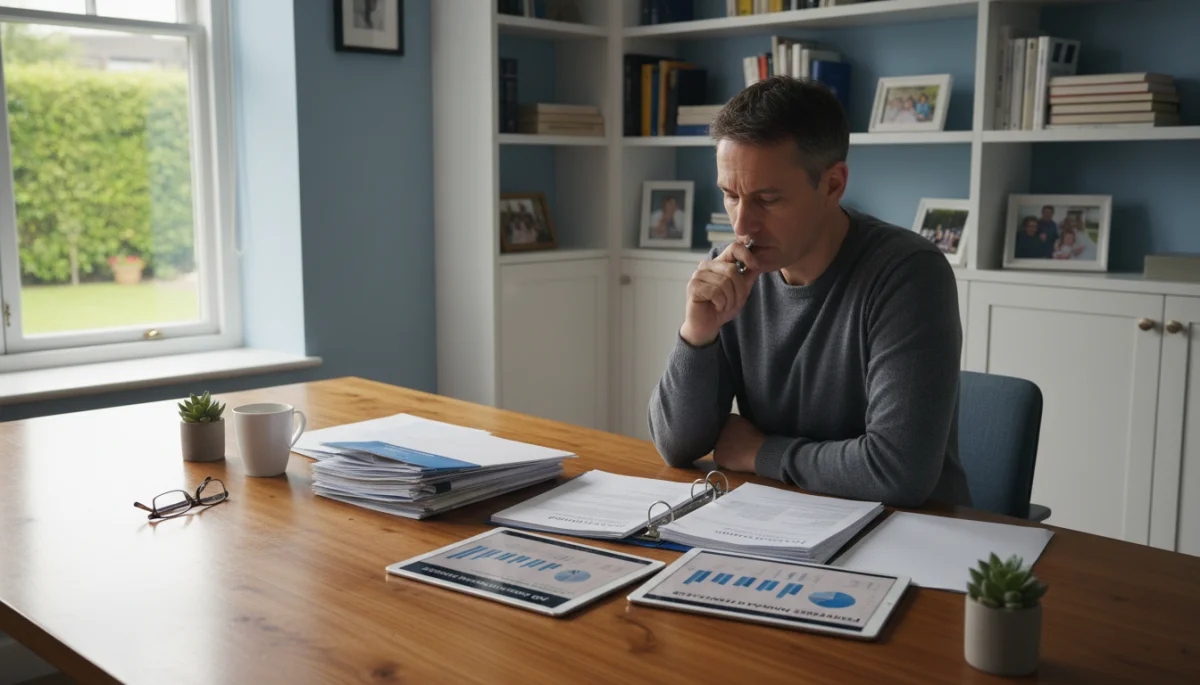 Person reviewing insurance documents and financial data, emphasizing thoughtful personal insurance planning.