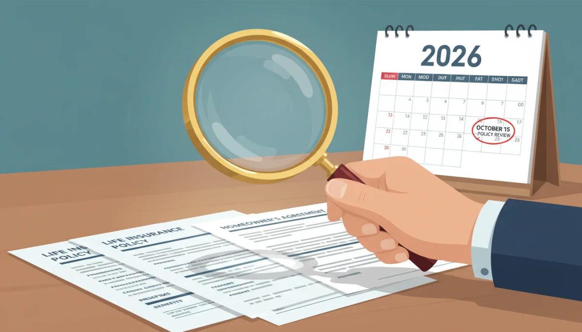 Hand reviewing insurance documents for life, health, and property policies, highlighting the importance of regular policy assessment.