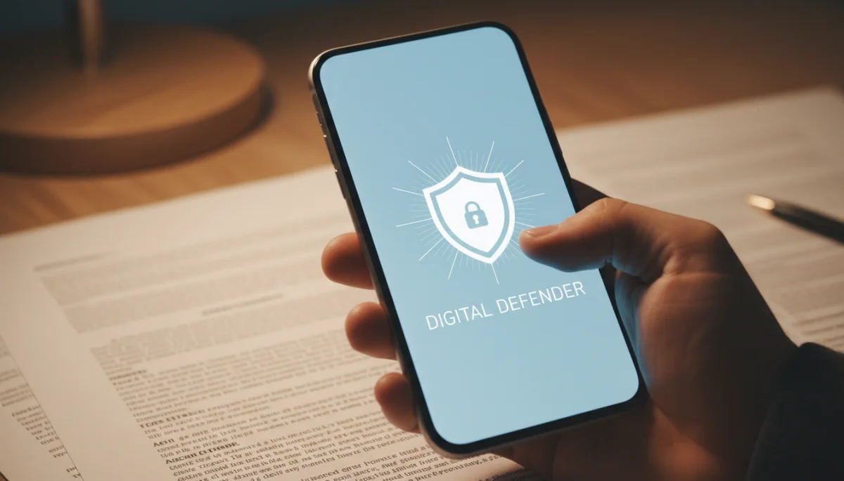 Person reviewing a privacy policy on a smartphone, with a digital shield icon indicating data security.