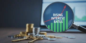 Financial graph showing rising interest rates with house keys and coins.