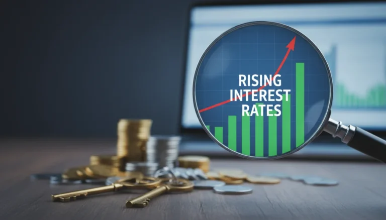 Financial graph showing rising interest rates with house keys and coins.