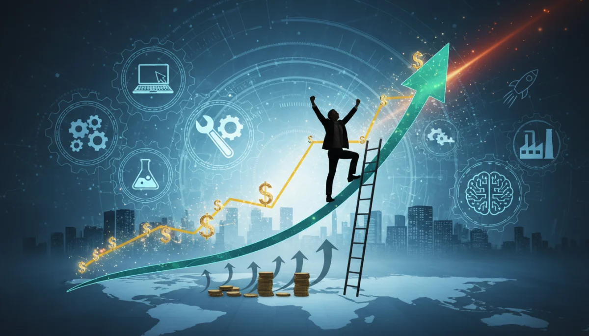 Rising salary graph with person symbolizing career progression
