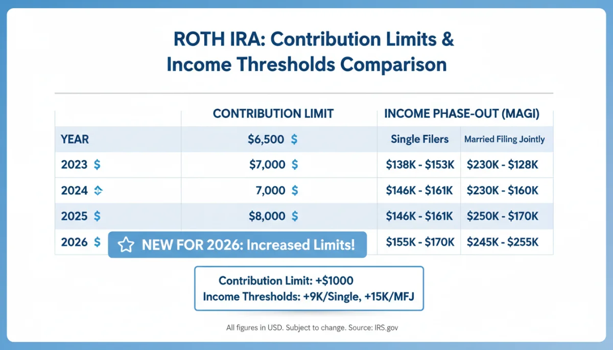 Infographic comparing Roth IRA contribution limits and income thresholds over time, focusing on 2026 changes.