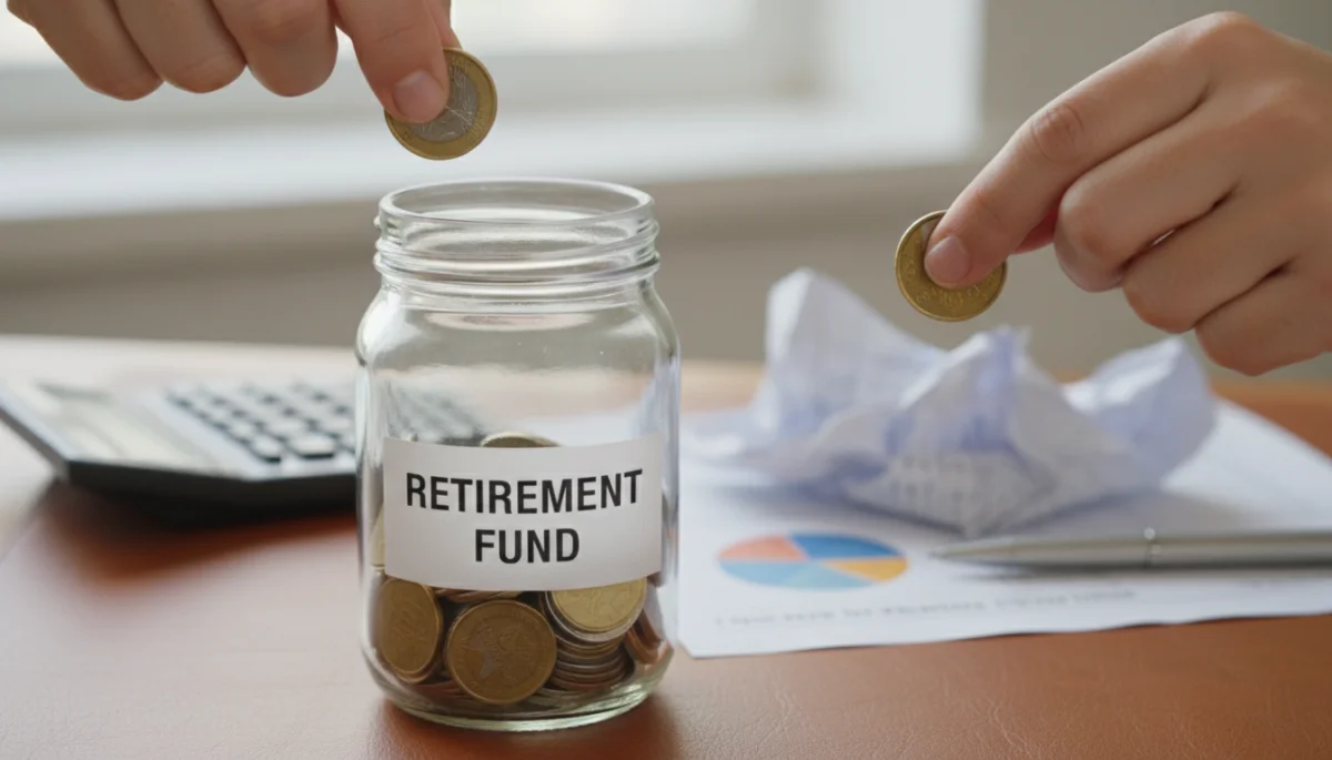 Hands putting coins into a retirement fund jar, symbolizing consistent savings