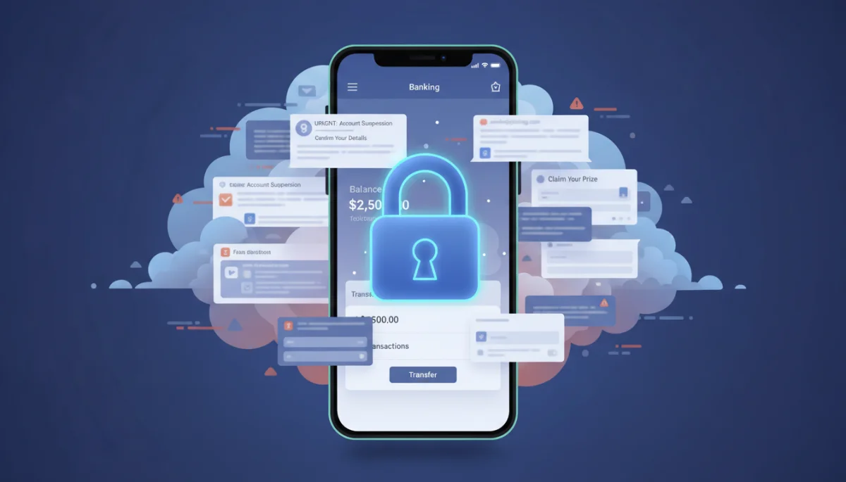 Secure digital financial transactions on a smartphone, protecting against online scams.