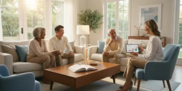 Seniors discussing retirement income with a financial advisor.