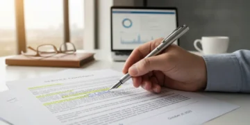 Hand with pen over a complex service contract document with highlighted sections