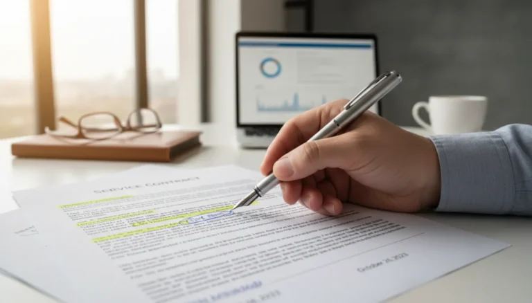 Hand with pen over a complex service contract document with highlighted sections