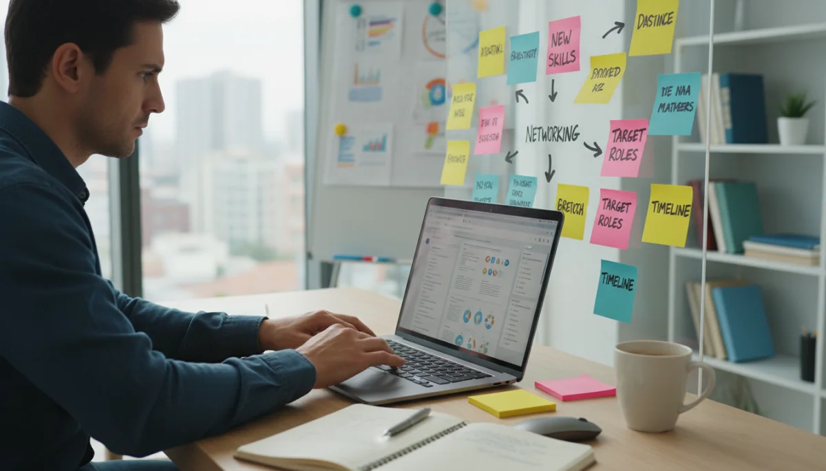 Person acquiring new skills for a career pivot, focused on a laptop.