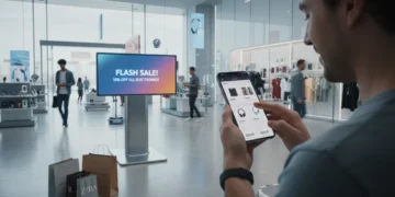 Smart shopper comparing prices on phone with shopping bags, embodying price matching success.