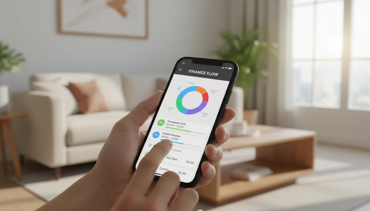 Person using a smart budget tracking app on a smartphone
