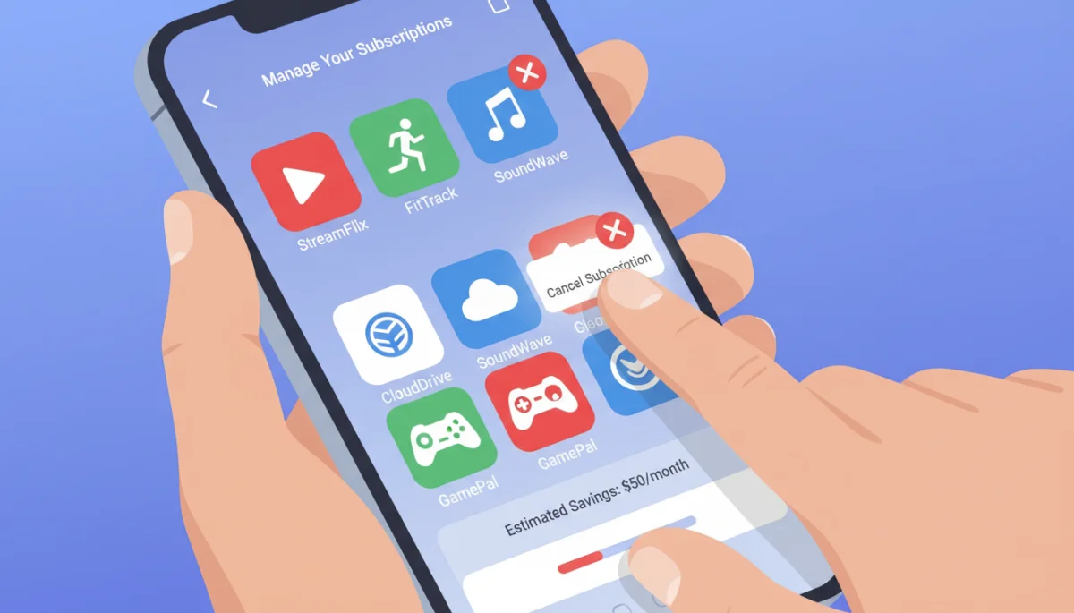 Smartphone screen showing subscription management interface with a finger about to cancel a service.
