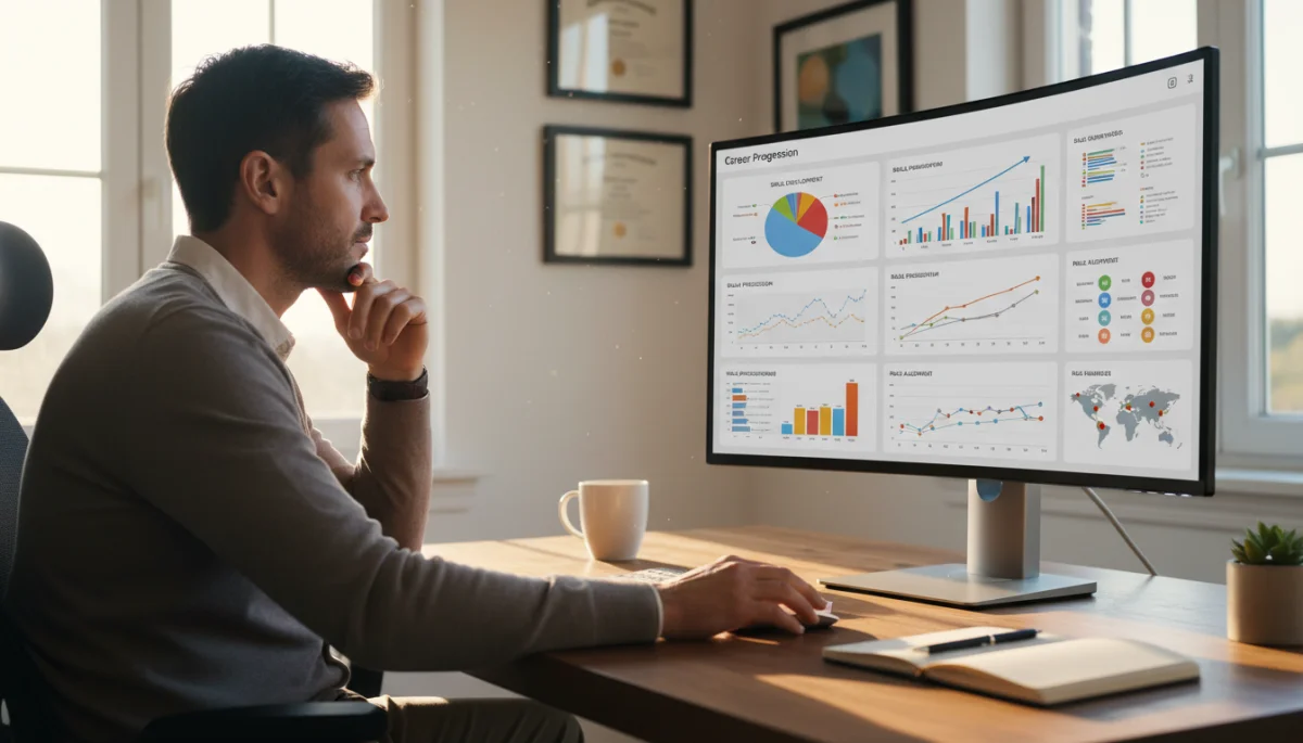 Individual engaged in strategic career planning, analyzing data on a computer screen for future professional growth.