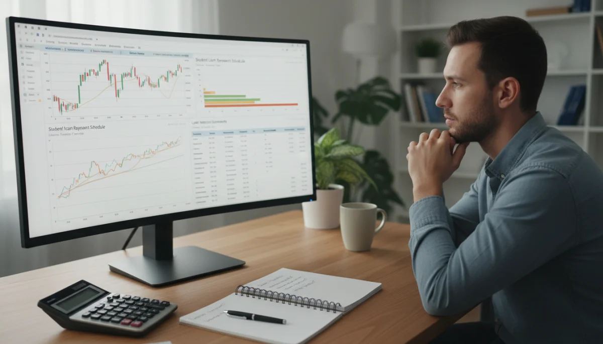 Student borrower analyzing financial charts and loan repayment options on a laptop, emphasizing strategic financial planning for student loan interest rate changes.