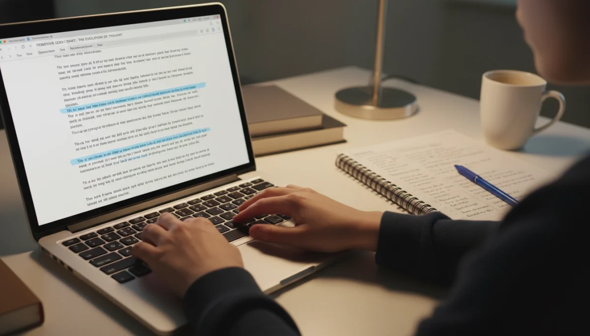 Student actively refining their college essay draft on a laptop