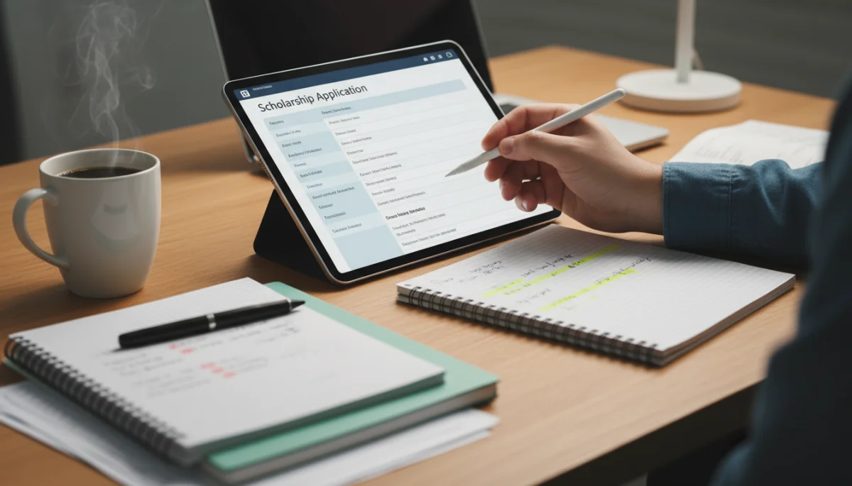 Student diligently completing a scholarship application form on a tablet.