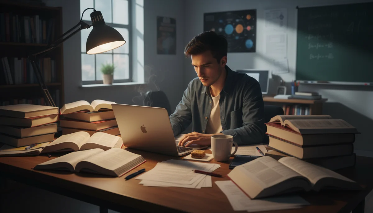Dedicated student studying STEM subjects with textbooks and laptop, highlighting academic preparation.