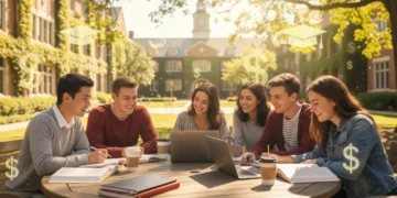 Students collaborating on a university campus, symbolizing academic achievement and scholarship funding.