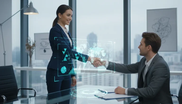 Professional woman successfully negotiating salary in a modern office