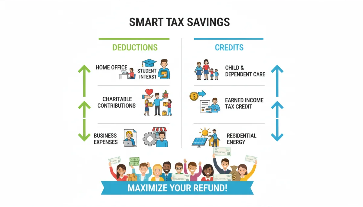 Infographic showing tax deductions, credits, and savings strategies for 2026