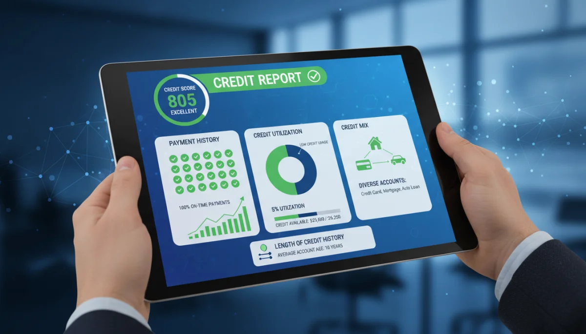 Detailed credit report showing positive payment history and low credit utilization.