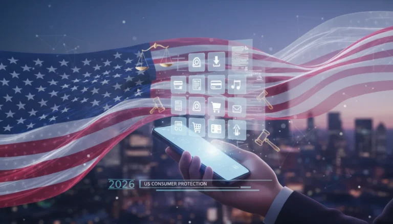 Illustration of US consumer protection laws affecting digital purchases in 2026