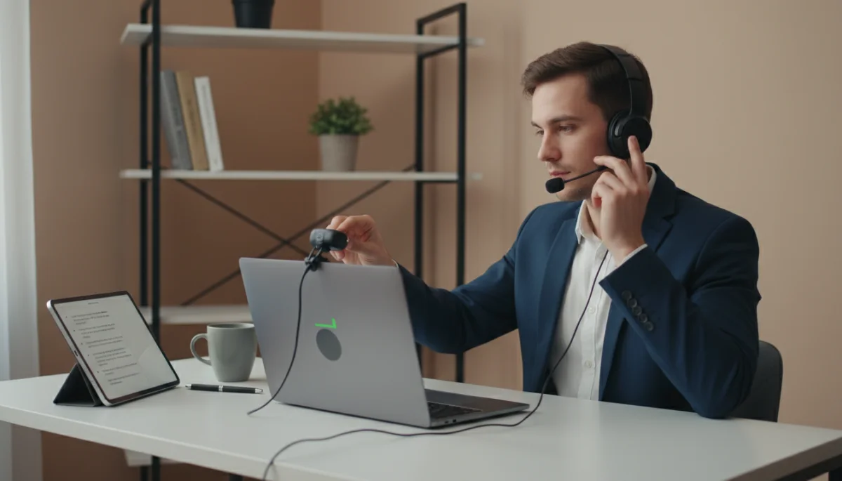 Candidate meticulously preparing virtual interview setup