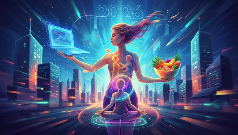 Work-life integration in 2026, modern professional thriving, career success digital art