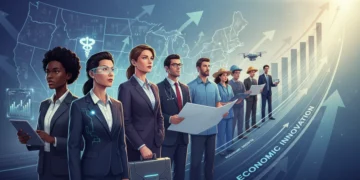 Professionals navigating a dynamic job market with growth charts and digital interfaces.