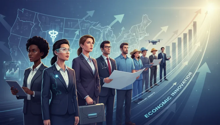 Professionals navigating a dynamic job market with growth charts and digital interfaces.