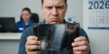 Frustrated customer holding a defective smartphone at a customer service desk, seeking a refund in 2026.