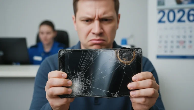 Frustrated customer holding a defective smartphone at a customer service desk, seeking a refund in 2026.