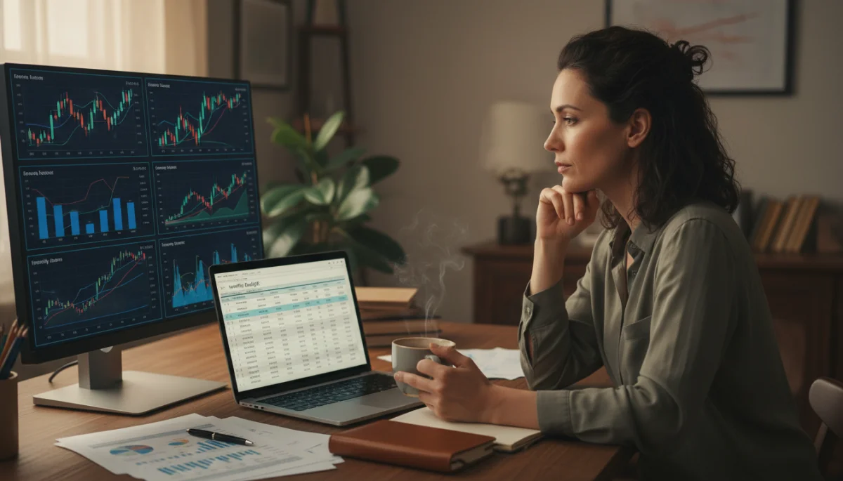 Person analyzing financial charts and budget on laptop