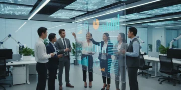 Professionals collaborating on career growth strategies in a modern office, symbolizing professional development for the US job market.