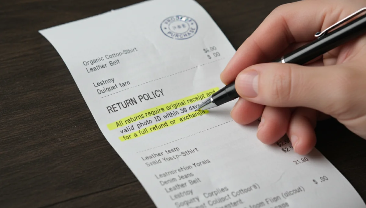 Close-up of a purchase receipt with return policy details highlighted, crucial for a successful product return process.