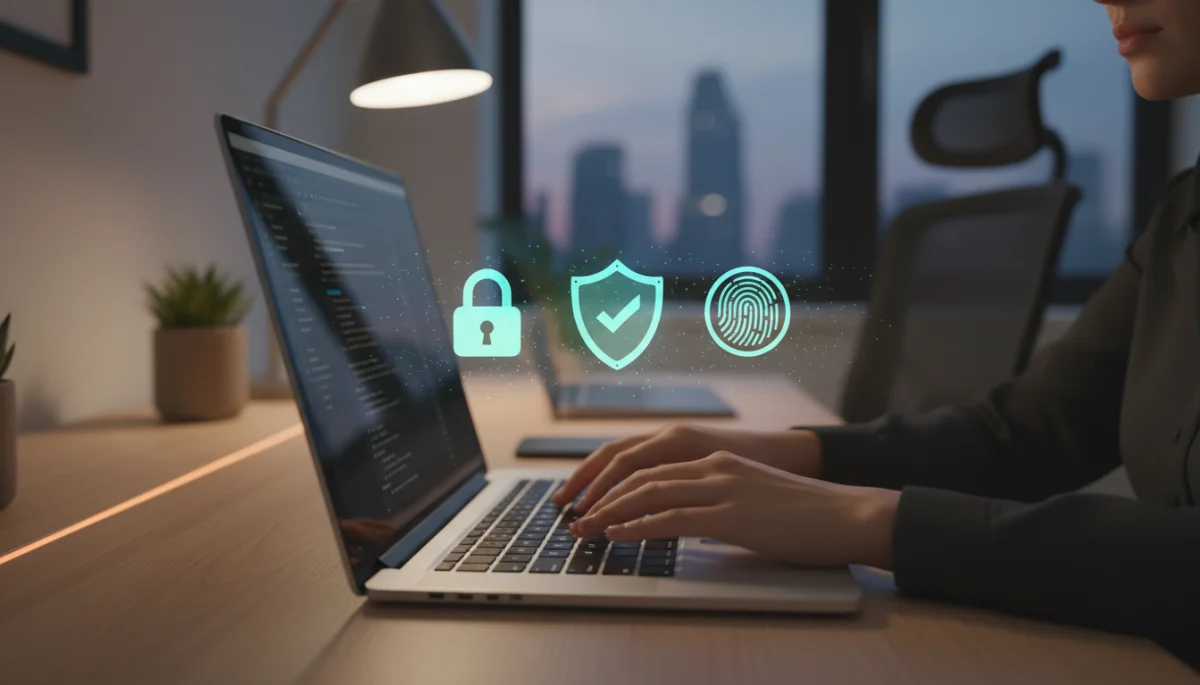 Person actively securing online information on a laptop